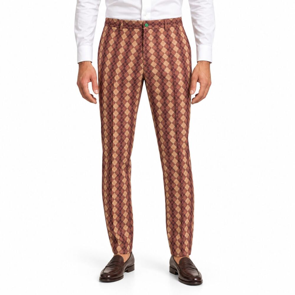 Mens 36 Brown Argyle Diamond Cotton Slim Fit Flat Front Dress Pants Trousers NWT